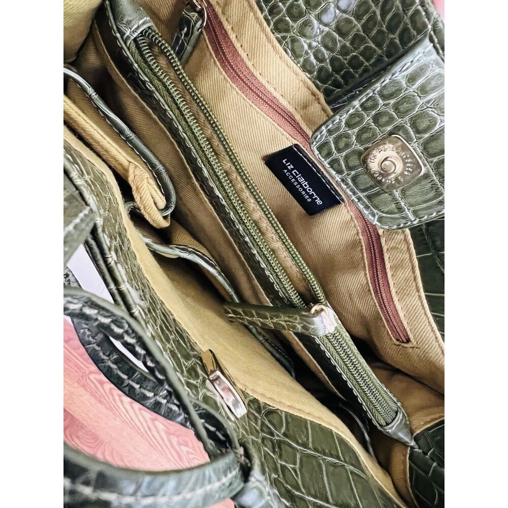 Vintage Liz Claiborne Olive Green Crocodile Embossed Shoulder Bag Bow Accent - Picture 8 of 8